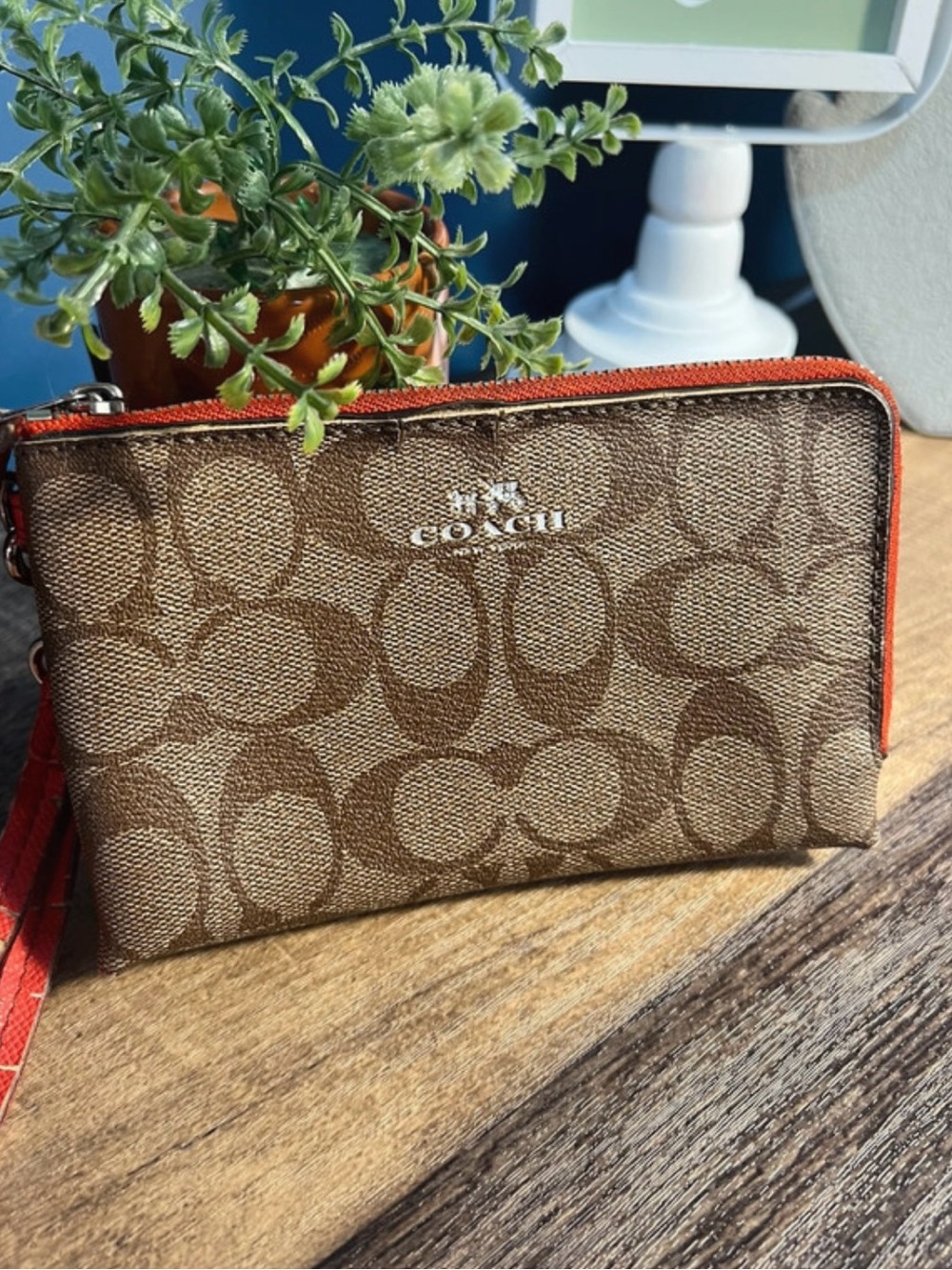 VINTAGE Coach Brown Signature Canvas Wristlet with Orange Trim